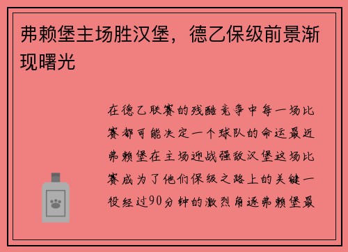 弗赖堡主场胜汉堡，德乙保级前景渐现曙光