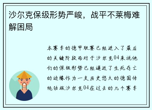 沙尔克保级形势严峻，战平不莱梅难解困局
